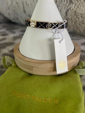 Tory Burch Black and Gold Logo Bangle Bracelet